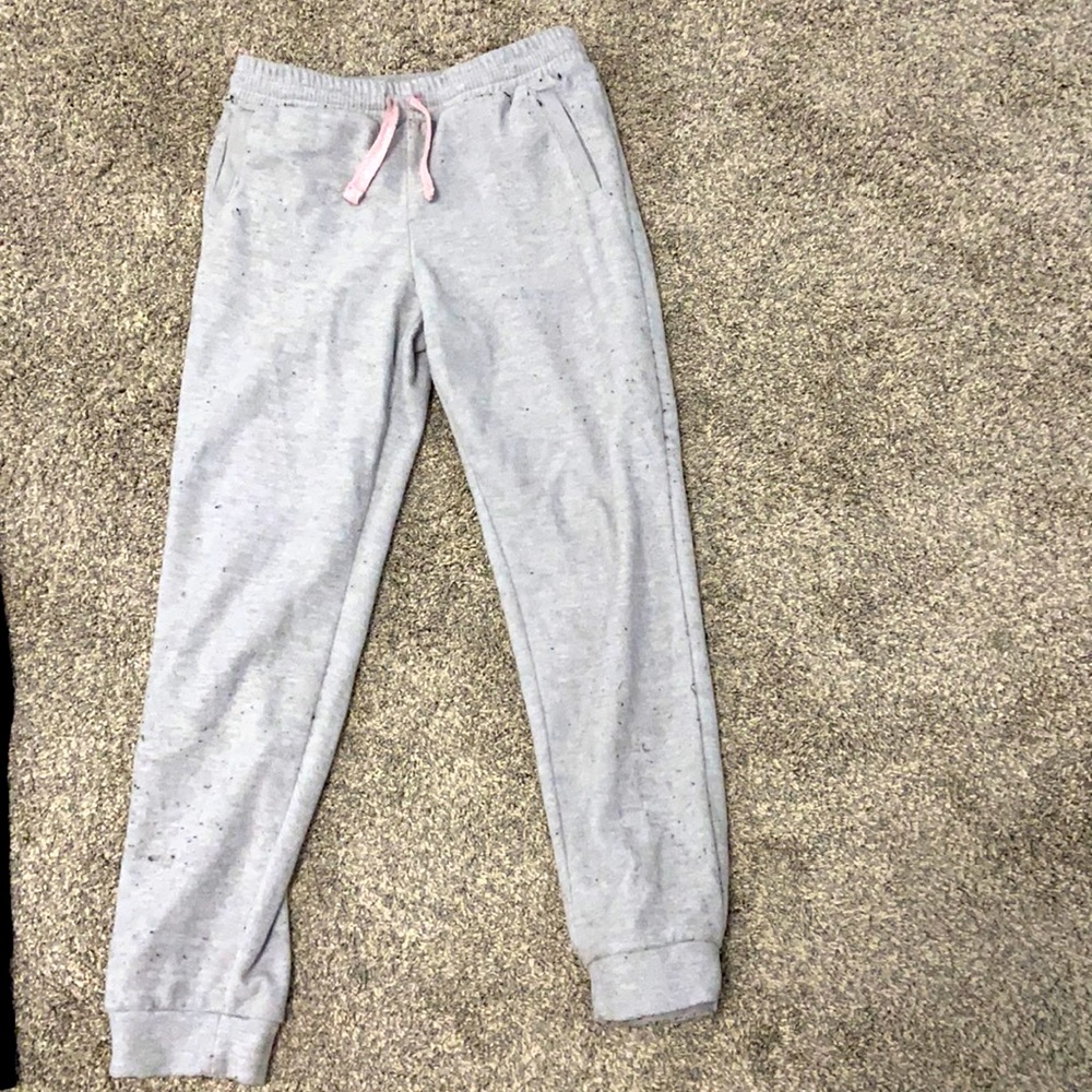pockets, adjustable waist, light off gray, pink sparkley strands